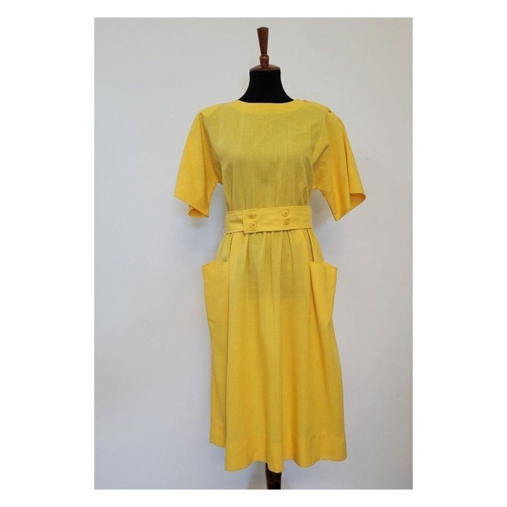 Vintage 1970's Deadstock Bright Yelllow Belted Dress